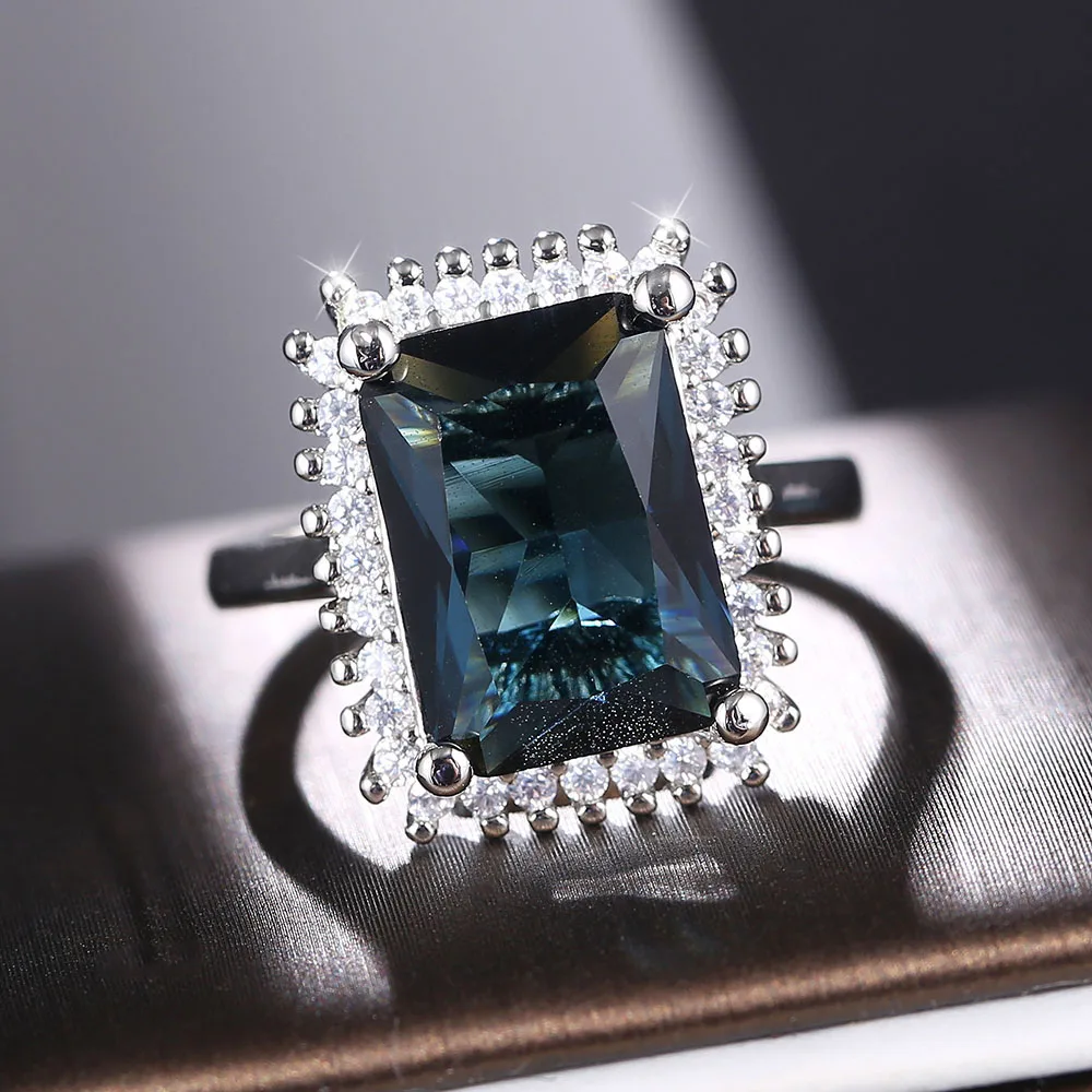 

Luxury Large Deep Blue Zirconia Rings Jewelry Fashion Ladies Party Wedding Finger Accessories Engagement Love Token Ring