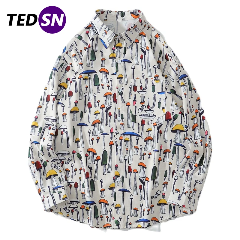 

Hip Hop Hawaiian Beach Shirts Autumn Colored Mushrooms Print Harajuku Streetwear Vintage Loose Tops Cotton Long Sleeve Shirt Men