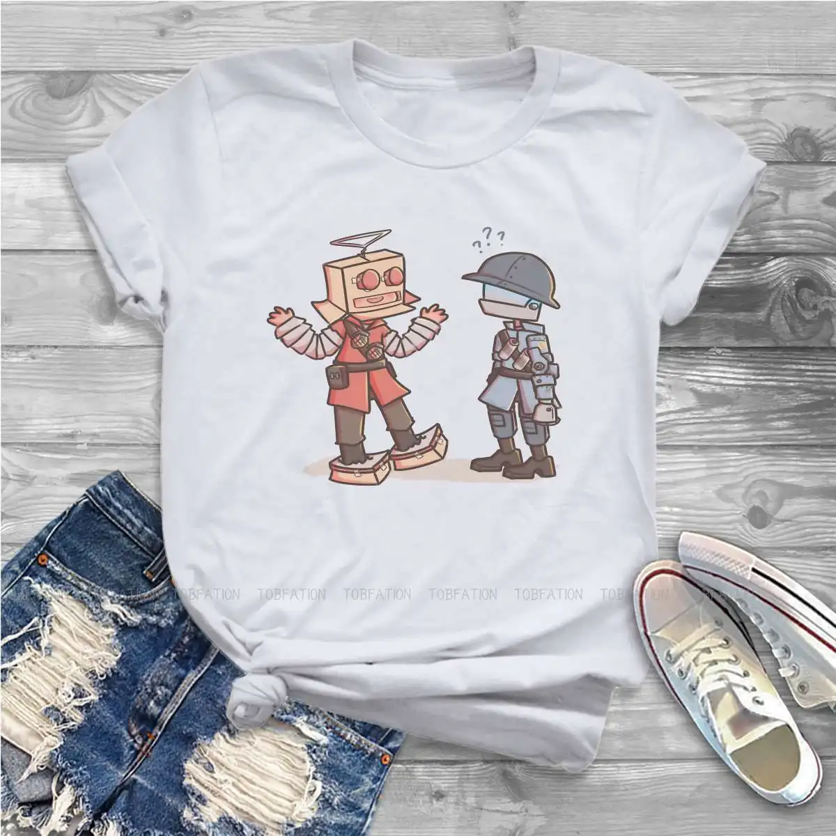 

Robot vs Robot Kawaii Girl Women T-Shirt Team Fortress 2 Shooter Game Blusas Harajuku Casual Short Sleeve Vintage Oversized Tops