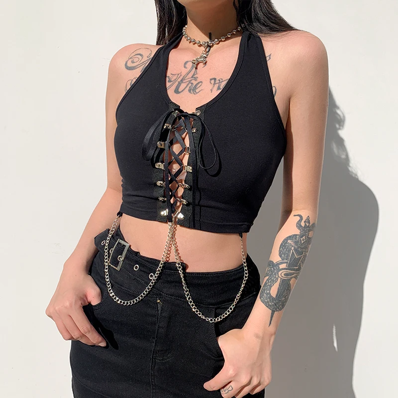 

Hot Girl Black Sexy Halter Top with Chain Women's Group Style Sexy High Street Cropped Tank Top Front Tie Camisole Bustier Top