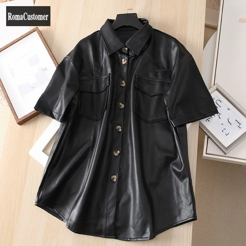

Summer New Womens High Street Loose Vintage Turn-Down Collar Short Sleeve T-Shirts Single Breasted Straight Korean Blouse