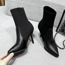 Botas femininas de meia tubo apontou dedo do pé stiletto salto alto malha mid tube botas antiderrapantes confortáveis botas casuais meias botas (2)