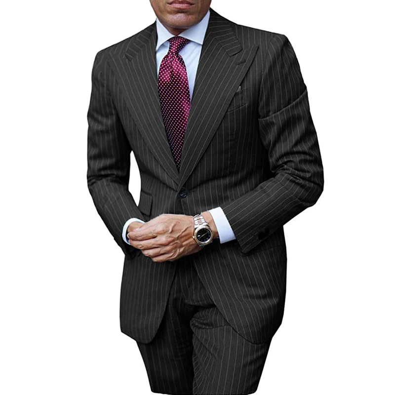 

New Classic Fit Men's Pinstripe Suits 2 Pieces Notch Lapel Regular Fit Tuxedos Groomsmen For Wedding Black (Blazer+Pants)