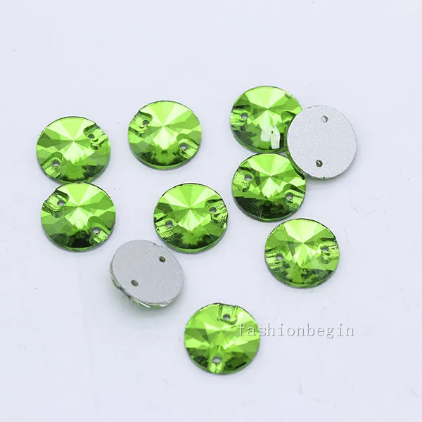 grass green 48p 12 мм Ассорти стеклянный камень Круглый Rivoli пришивные стразы с плоской задней частью с кристаллами ювелирные изделия с 2 отверстиями для швейных бусин - Цвет: grass green