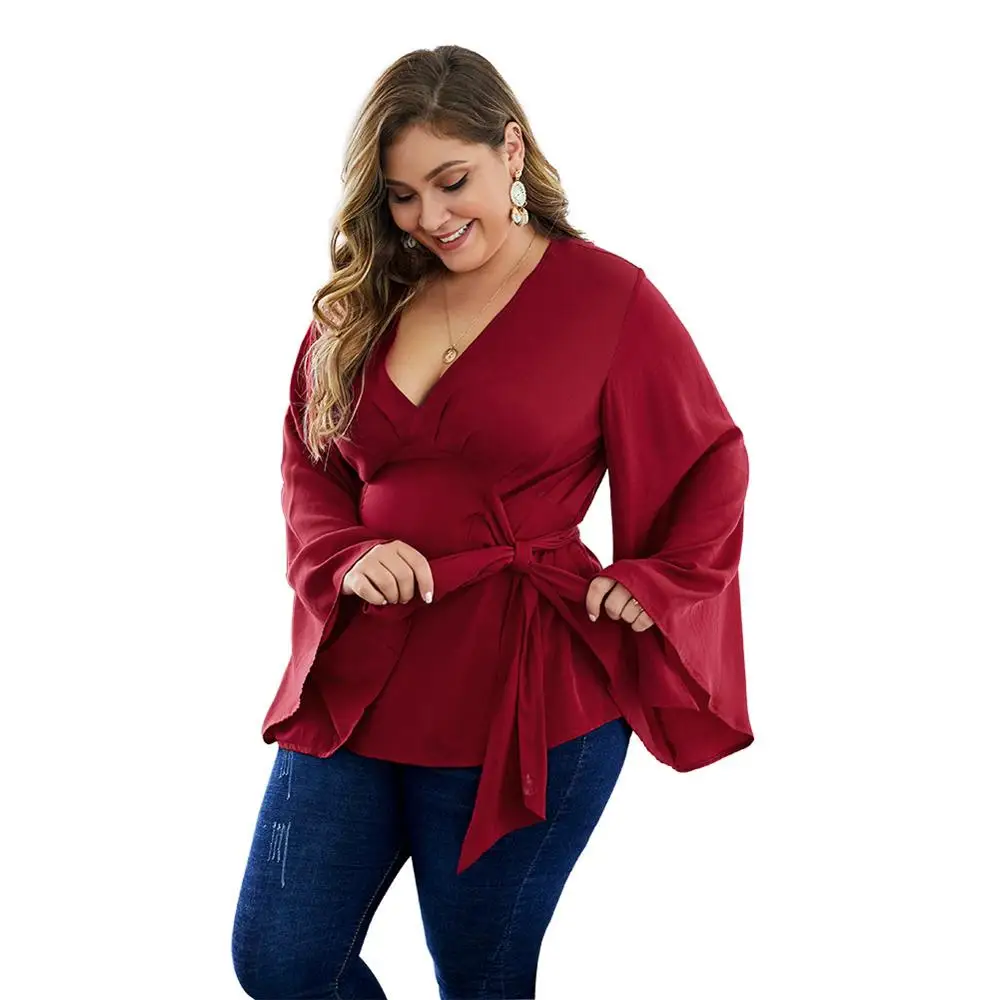 DOIB женская блузка большого размера винно красная с расклешенным рукавом