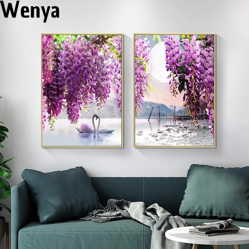 

Purple Flower Tree Swan Lake Landscape Picture Scandinavian Scenery Nature Canvas Wall Art Print Painting Nordic Decoation