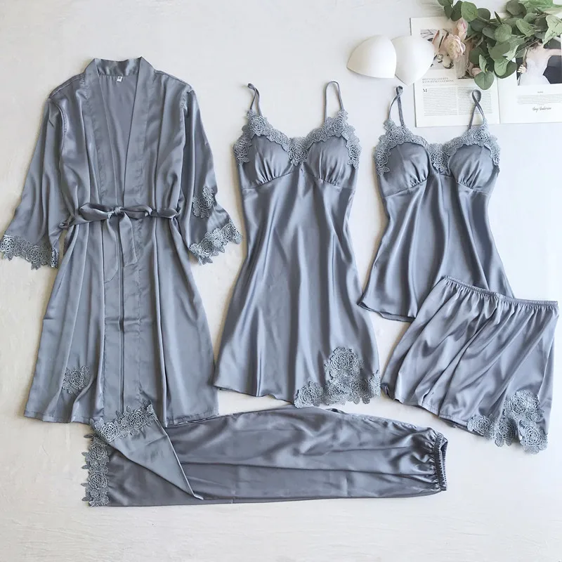 Gray Nightgown Set Women Lace Nightwear V-Neck Pajamas Suit Homewear Spring Sleepwear Robe Gown Sleep Wear Pijama Negligee