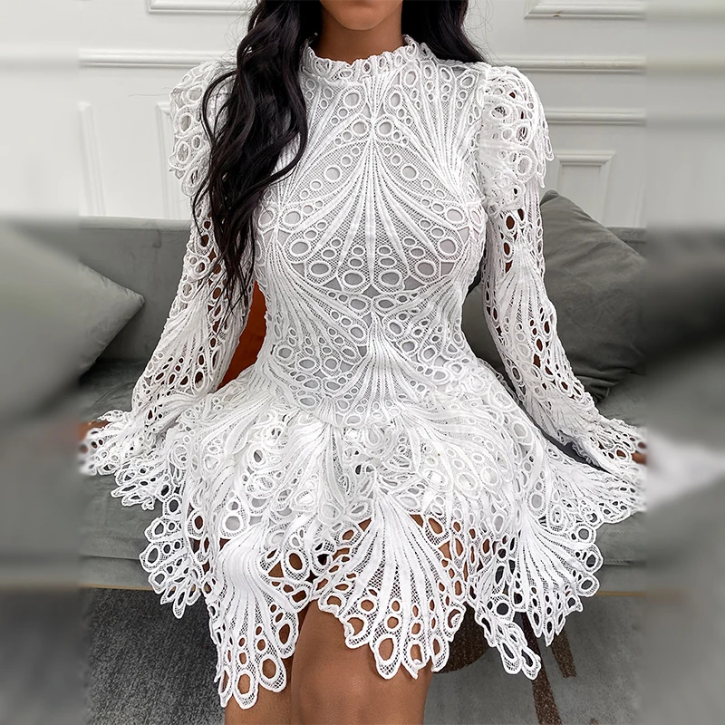 Spring New Kawaii Eyelet Embroidery Long Bell Sleeve High Waist Sexy White Lace Mini Girls Fairy Party Club A Line Women Dresses