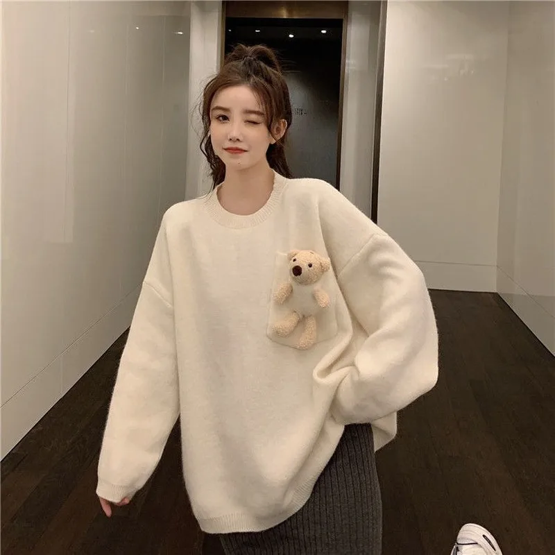 

Oversized Pullover Sweater Best Friend Rainbow Color Cute Bear Korean Style Knit Sweater Top 2021 Fashion Autumn Knitted Jumper
