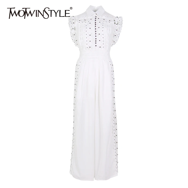 TWOTWINSTYLE Hollow Out Jumpsuits For Women Beading Sleeveless High Waist Wide Leg Pants Female Summer Korean Fashion New