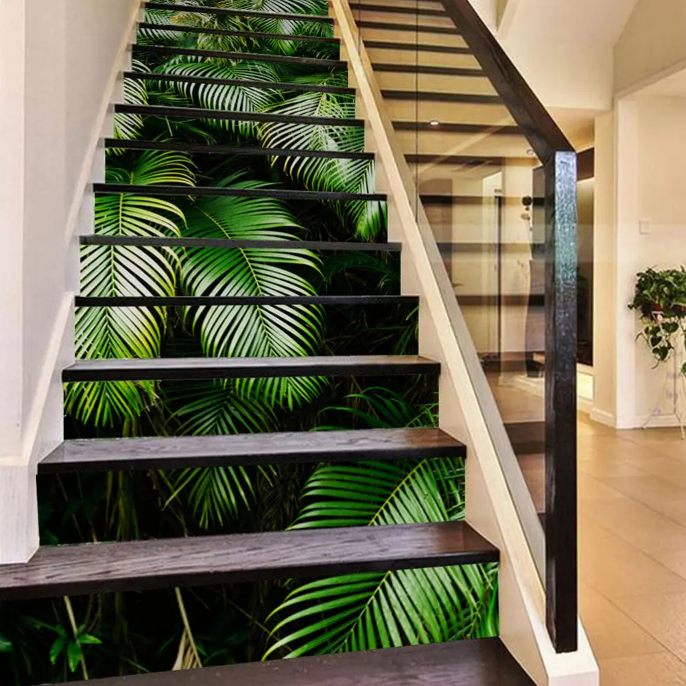 

13Pcs Staircase Stickers Palm Leaves Tropical Forest Style Design Stickers Green