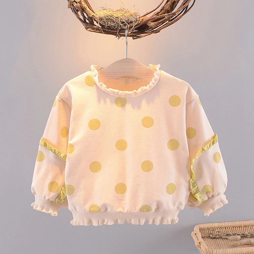 Симпатичная Осенняя футболка для девочек детский пуловер в горошек с оборками и