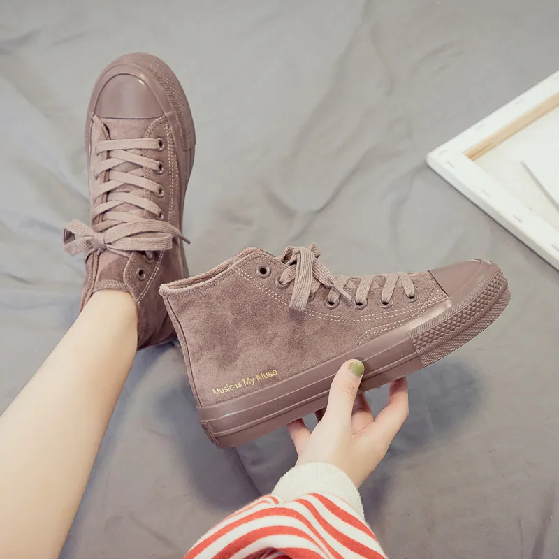 High-top Shoes Women Winter New Non-slip Solid Color Letter Flock Shoes Comfortable Flat Casual Women's Vulcanize Shoes