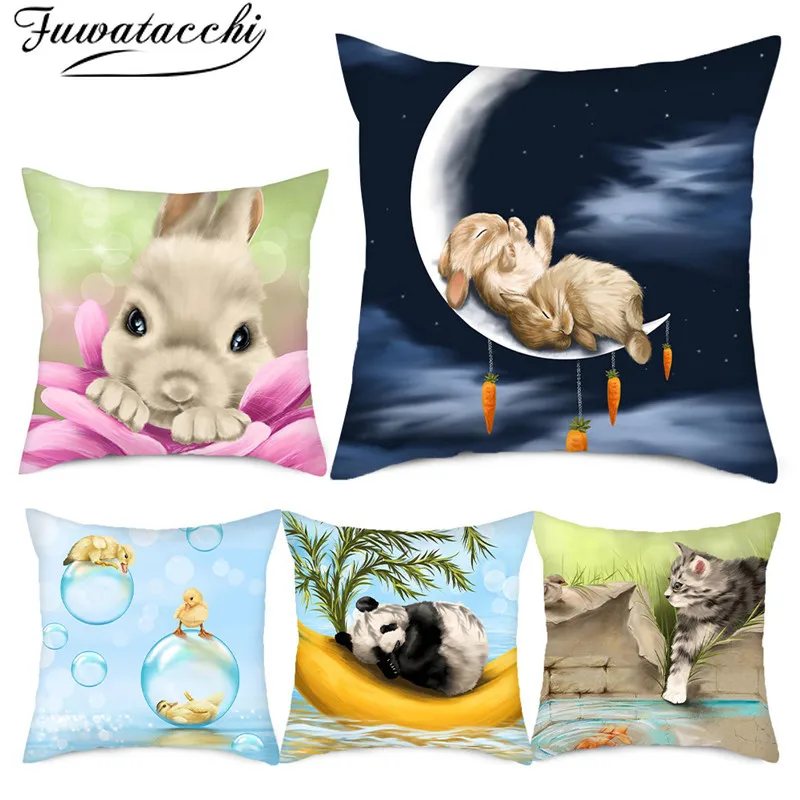 Fuwatacchi Cartoon Rabbit Cushion Cover Cute Panda Birds Animal Pillow for Home Sofa Decorative Cases 45x45cm New | Дом и сад