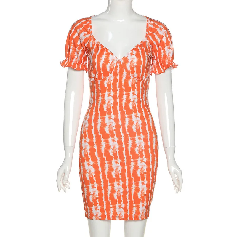 Forefair Autumn Sexy Printed Women Mini Dress Short Puff Sleeve Streetwear Orange Pullover V Neck Stylish Party Pencil | Женская одежда