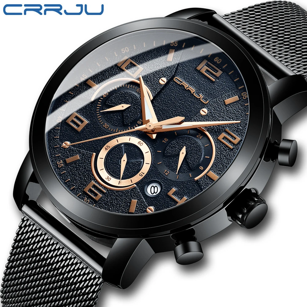 

Часы CRRJU мужские с хронографом, водонепроницаемые аналоговые кварцевые модные деловые наручные, из нержавеющей стали, с датой, 2021