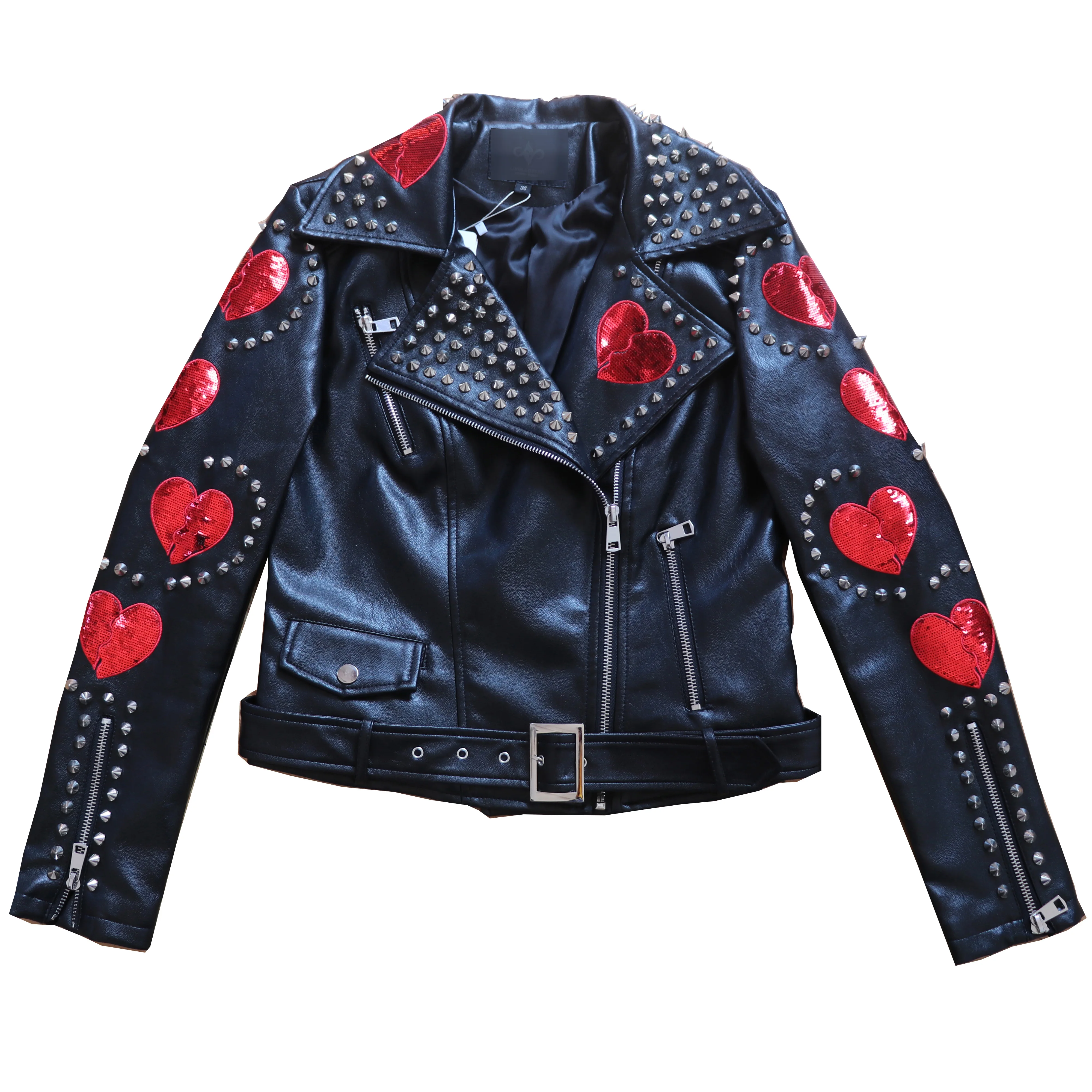 Fashion Windproof Punk Rivet Beading Stitching Pu Leather Jacket Female Street Style Love Sequins Beading Leather Jacket F1048
