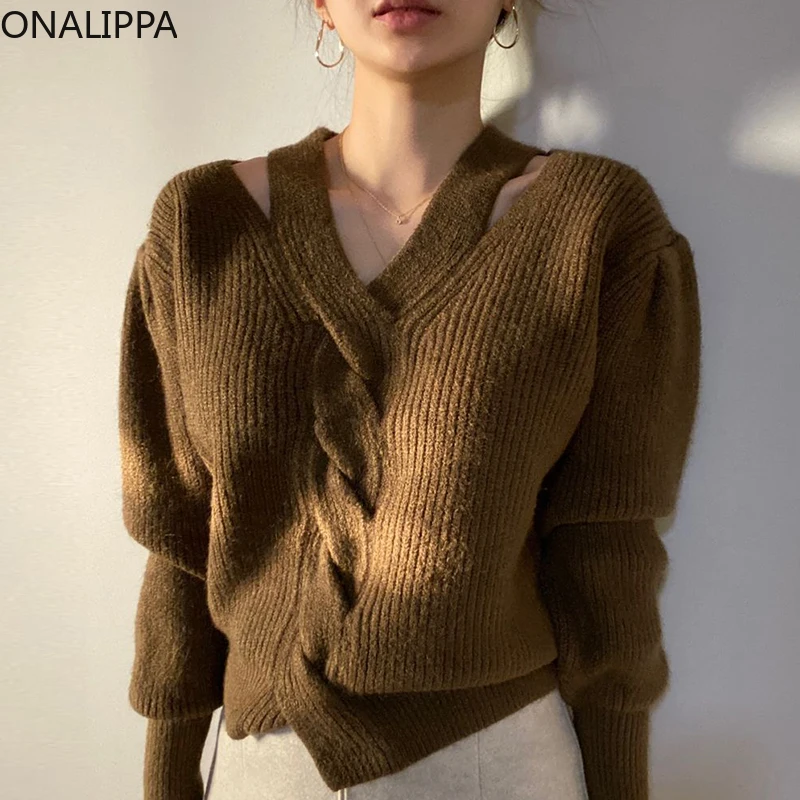 

ONALIPPA Cross-Twist Hanging Neck Sweater Women 2021 Autumn Chic Retro Temperament Strapless Design Loose Long-Sleeved Pullover