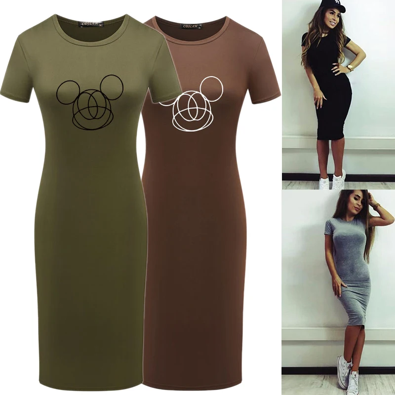 

Dresses Simple Mouse Line Printing Short-Sleeve Summer Midi Dress Sexy Nightclub Party Casual Dating Robe Femme Bodycon Robes