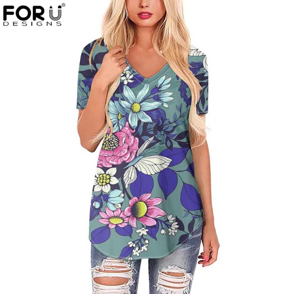 

FORUDESIGNS Beautiful Floral Pattern Sexy Breathable Short Sleeve Women Fashion Loose Tops Female Summer Casual Streetwear