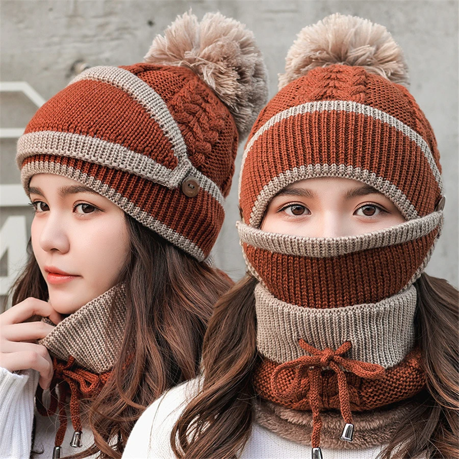 Set 3 Hats Women Winter Beanies Velvet Thick Bib Mask Ear Protector Skullies Beanie Hat Riding Female Warm knitted Wool Cap | Аксессуары