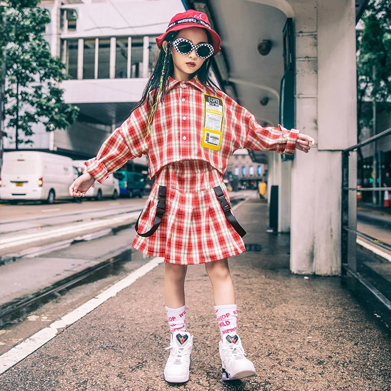 

Children'S Jazz Dance Costume Girls Long-Sleeved Hip-Hop Performance Suit Korean Version Plaid Skirt Street Clothing Tide DL4675