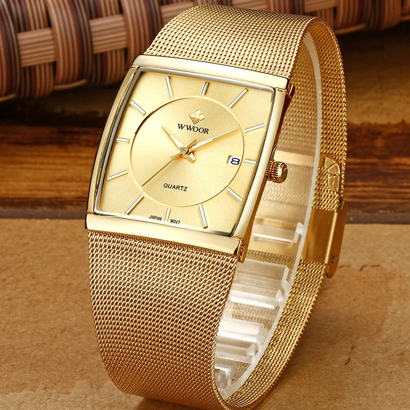 Japan Quartz Movement Watches Mens WWOOR Top Brand Luxury Ultra Thin Gold Steel Mesh Watch For Men Square Waterproof Wrist Watch