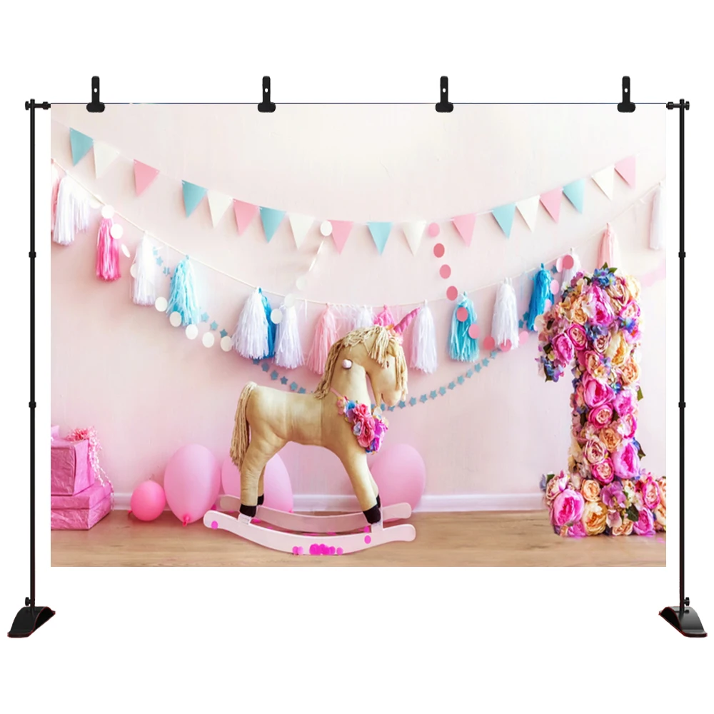 

1st Birthday pink Photography Background Birthday Party Balloon Paper flower Trojan banner Backdrop Decor Photocall Backdrop