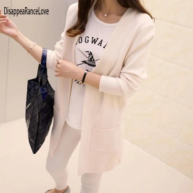 Женский кардиган средней длины элегантный вязаный свитер с карманами накидка