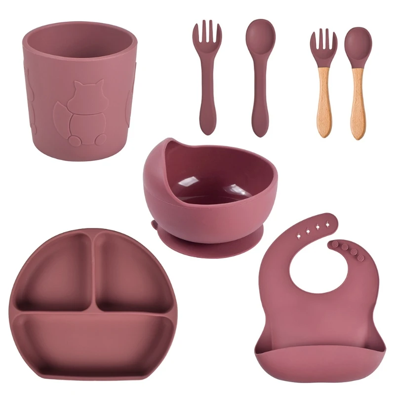 

28EC 8 Pcs Baby Silicone Bib Divided Dinner Plate Sucker Bowl Spoon Fork Cup Set Training Feeding Food Utensil Dishes Tableware