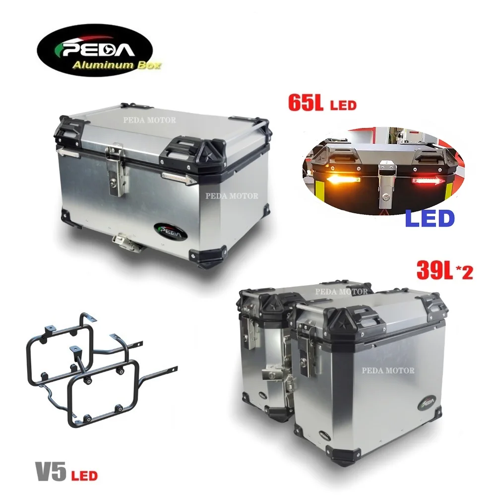 

V5-7 Motorcycle Aluminum Box with LED Winker 65L Dual 39L Top Case Side Pannier Scooter Rear Trunk PEDA Motor