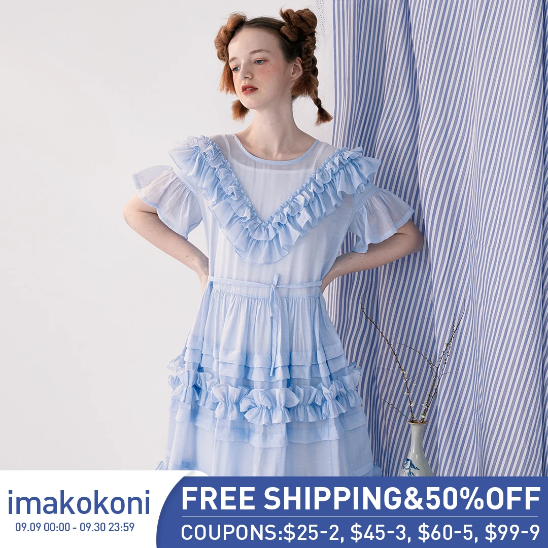 

imakokoni blue lace princess cake dress to send suspenders sweet and thin mid-length skirt short-sleeved female spring and summe