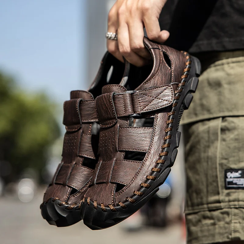 

Classic Mens Sandals Summer Genuine Leather Male Beach Sandals Soft Comfortable Male Outdoor Beach Slippers Slip-ON Man Sandals