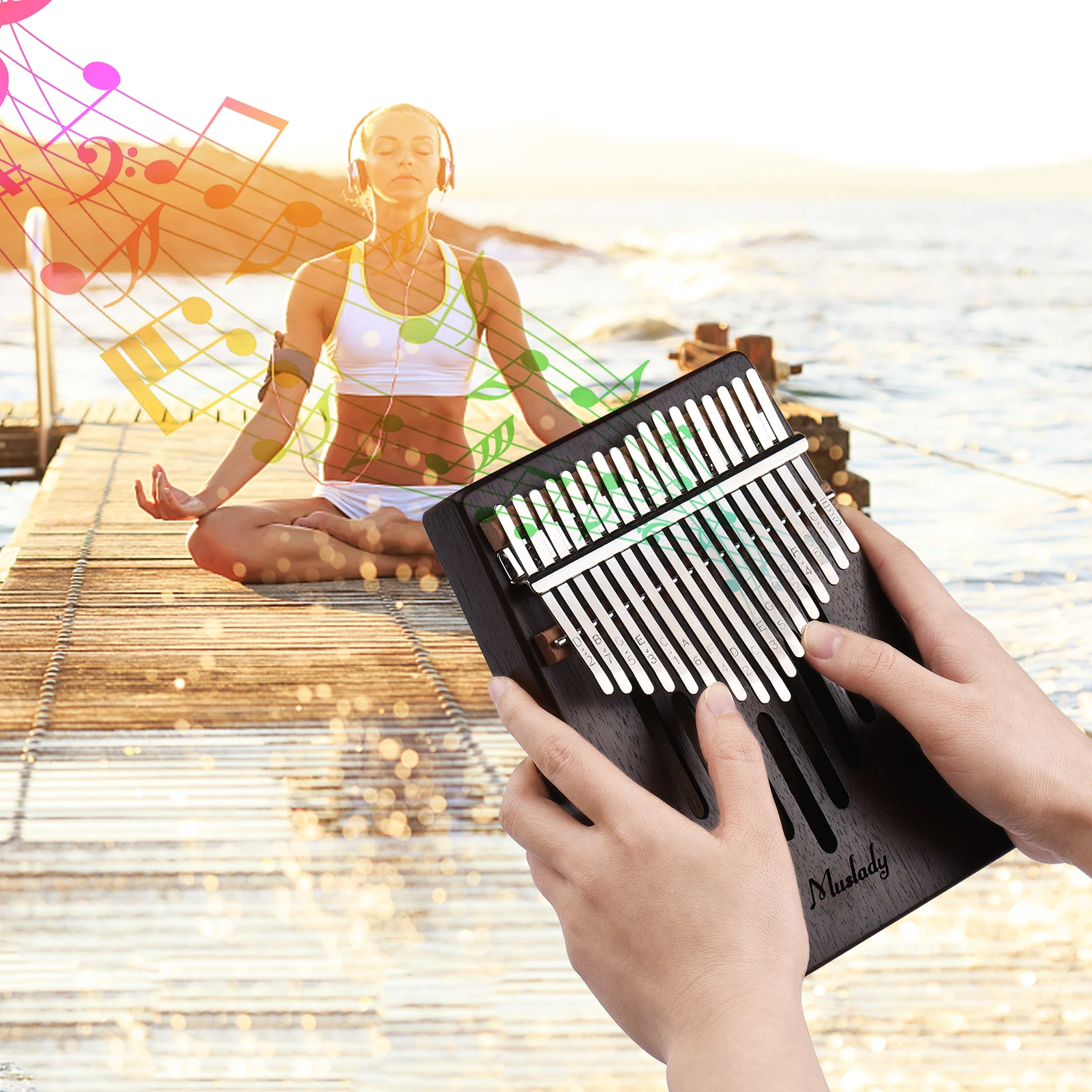 

Muslady 17-Key Solid Wood Kalimba Finger Piano Thumb Piano with Tuning Hammer Wipe Cloth Notes Sticker 2pcs Finger Guards