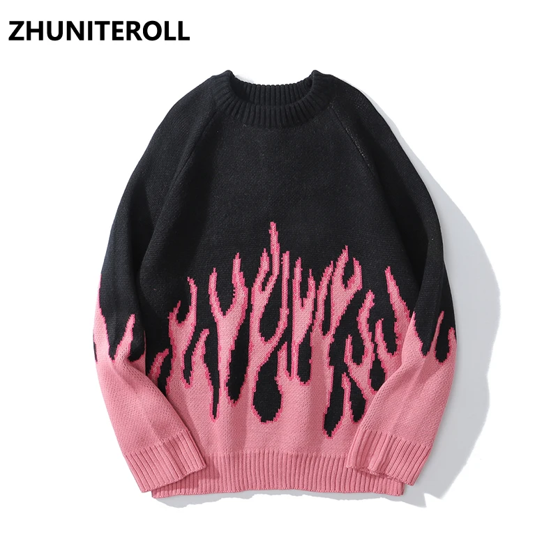 

2021 New Hip Hop Sweaters Fire Flame Knitted Sweater Jumpers Streetwear Harajuku Mens Fashion Casual Loose Pullover Tops Coats