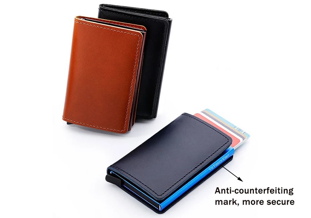 VM FASHION KISS RFID Genuine Leather Minimalist Wallet DIY Metal Aluminum Safe Purse Credit Id Business Card Holder Cardholder