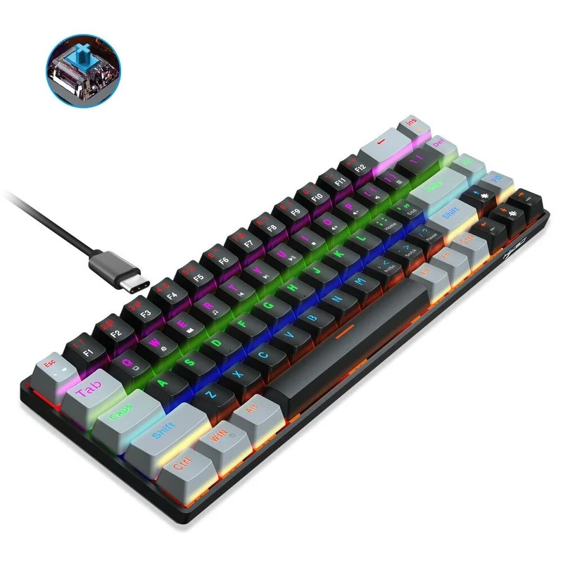 

Механическая клавиатура V800, проводная игровая клавиатура с 68 клавишами, синим/красным переключателем, с цветной светодиодной подсветкой, ч...