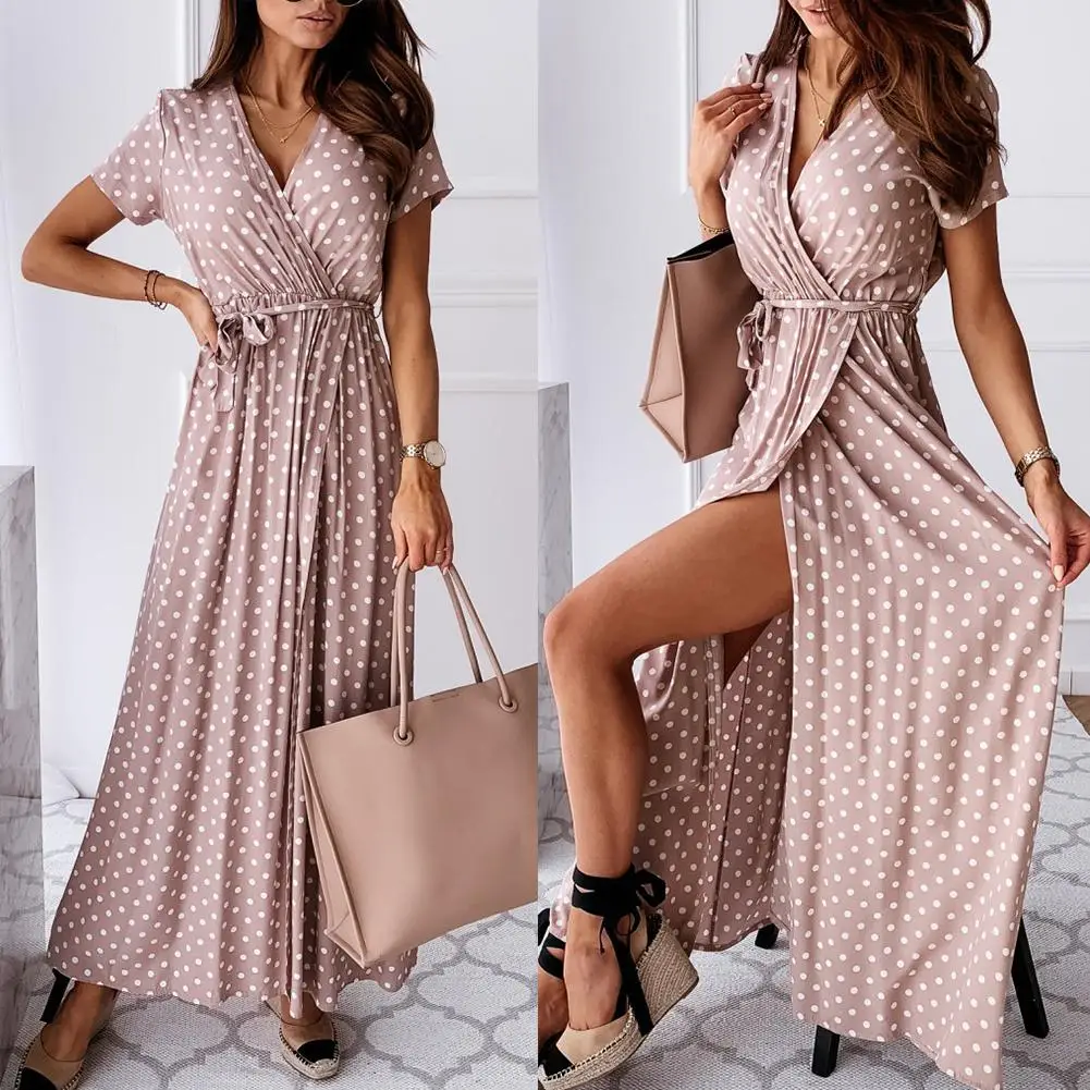 

Women Fashion V Neck Short Sleeve Belt Dots Print Front Slitting Hem Long Dress