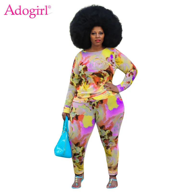 

Adogirl Tie Dye Print Plus Size Women Two Piece Set XL-4XL Long Sleeve Tee Shirts Top Pencil Pants Casual Active Suit Tracksuit