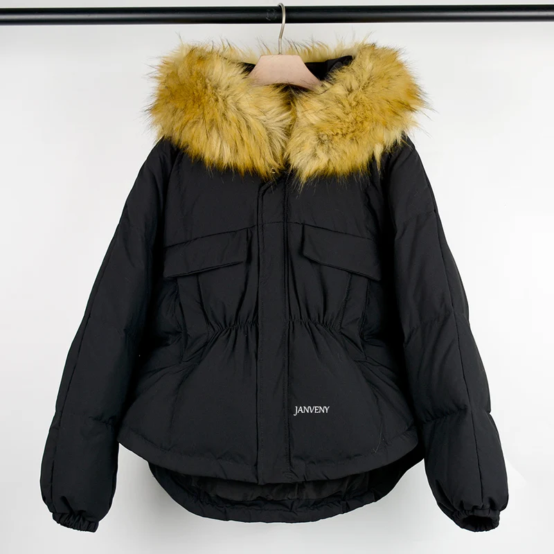 Large Faux Fur Hooded Winter Duck Down Coat Women Loose Thicken Warm Black Causal Medium Long Puffer Jacket Snowsuit Outwear