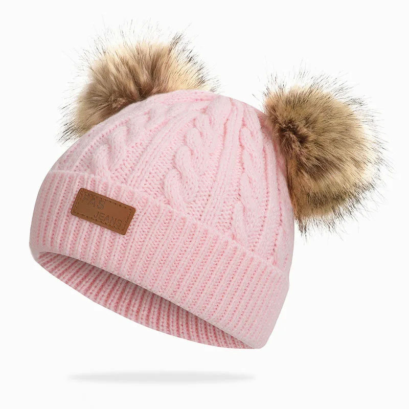 Light pink 13 цветов, зимняя детская шапка для девочек, вязанные детские шапки с помпоном, теплая детская шапочка со съемными помпонами, детская шапка для мальчиков, детская шапка - Цвет: Light pink
