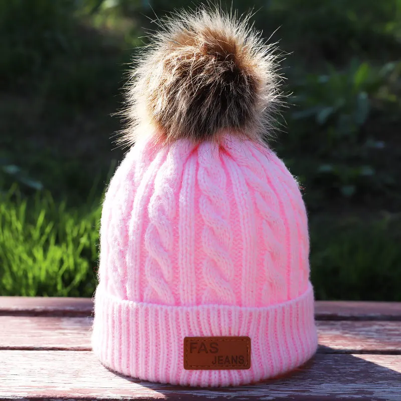 Однотонные детские вязаные хлопковые шапки теплые свободные с помпонами для