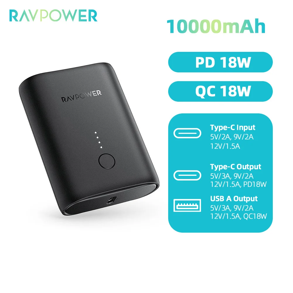 

RAVPower Power Bank 10000mAh QC PD 18W Fast Charging Powerbank 10000mAh External Battery Charger for iPhone 12 Xiaomi Galaxy S10