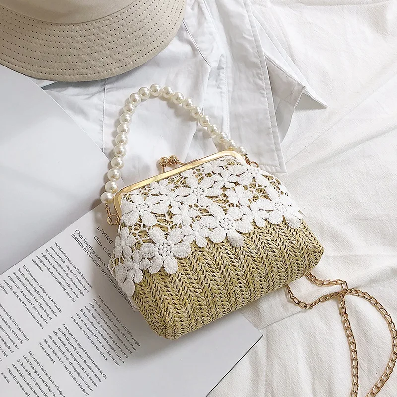 Пляжная соломенная сумка с вышивкой Модный богемный кружевной саквояж на