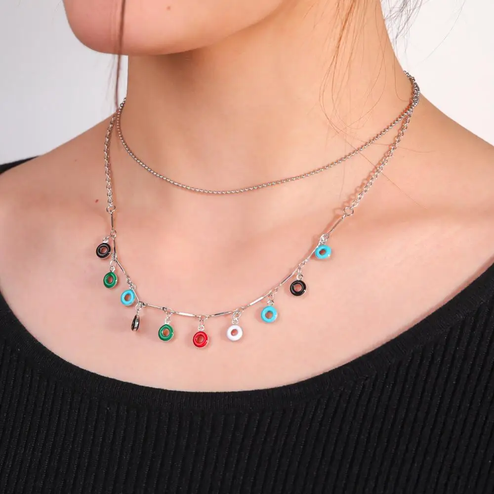 

My Shape 2 Layers Choker Necklaces for Women Copper Chain Colorful Enamel Round Pendant Necklace Fashion Jewelry bijoux collar