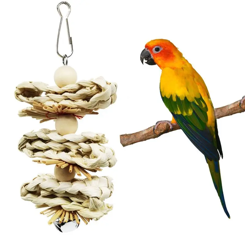 

Bird Parrot Chew Toy with Bell Wooden Grass Chewing Bite Hanging Cage Climb Swing Toys Birds Supplies C42