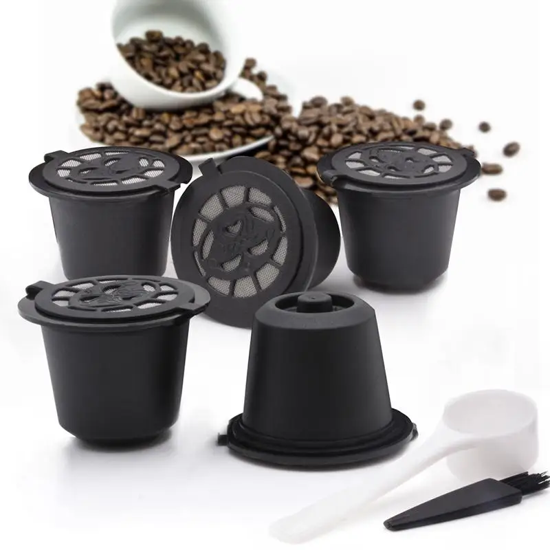 

5 Pcs Refillable/Reusable Coffee Filter Capsule Pod Spoon For Machine Set filling type recirculating plastic cup
