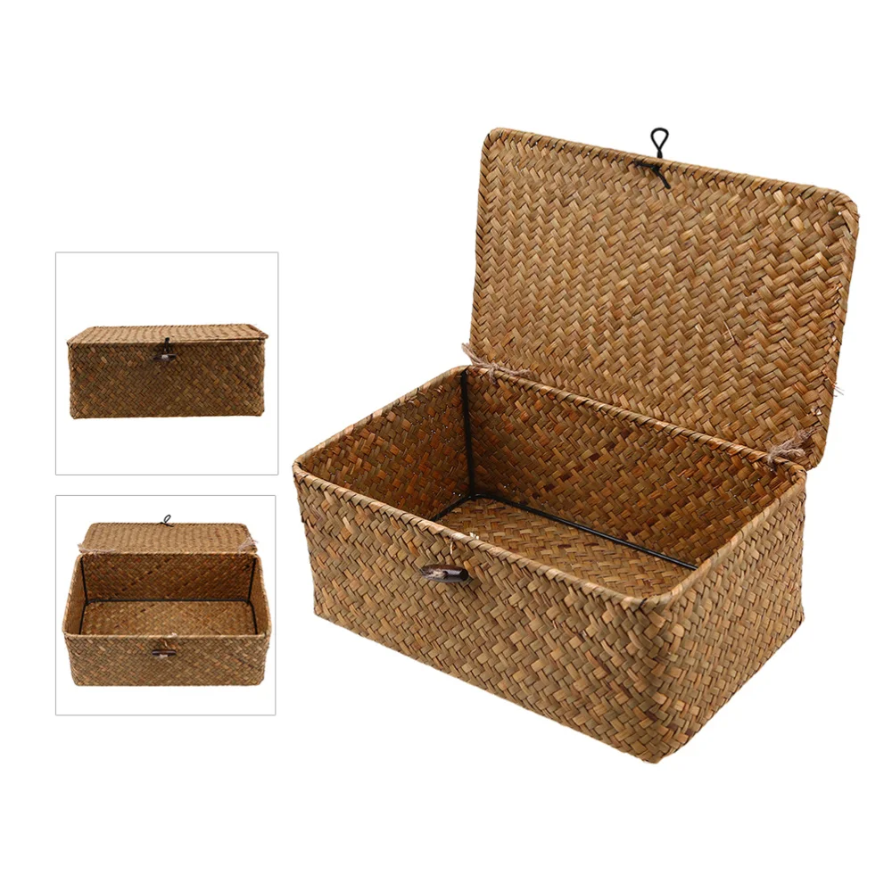 

3pcs New Seaweed With Button Woven Basket Straw Woven Debris Desktop Storage Box Hand-woven Storage Basket - Size S, M,