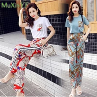 women casual sportwear suit female summer new t shirt pants two piece korean fashion printing loose top trousers set