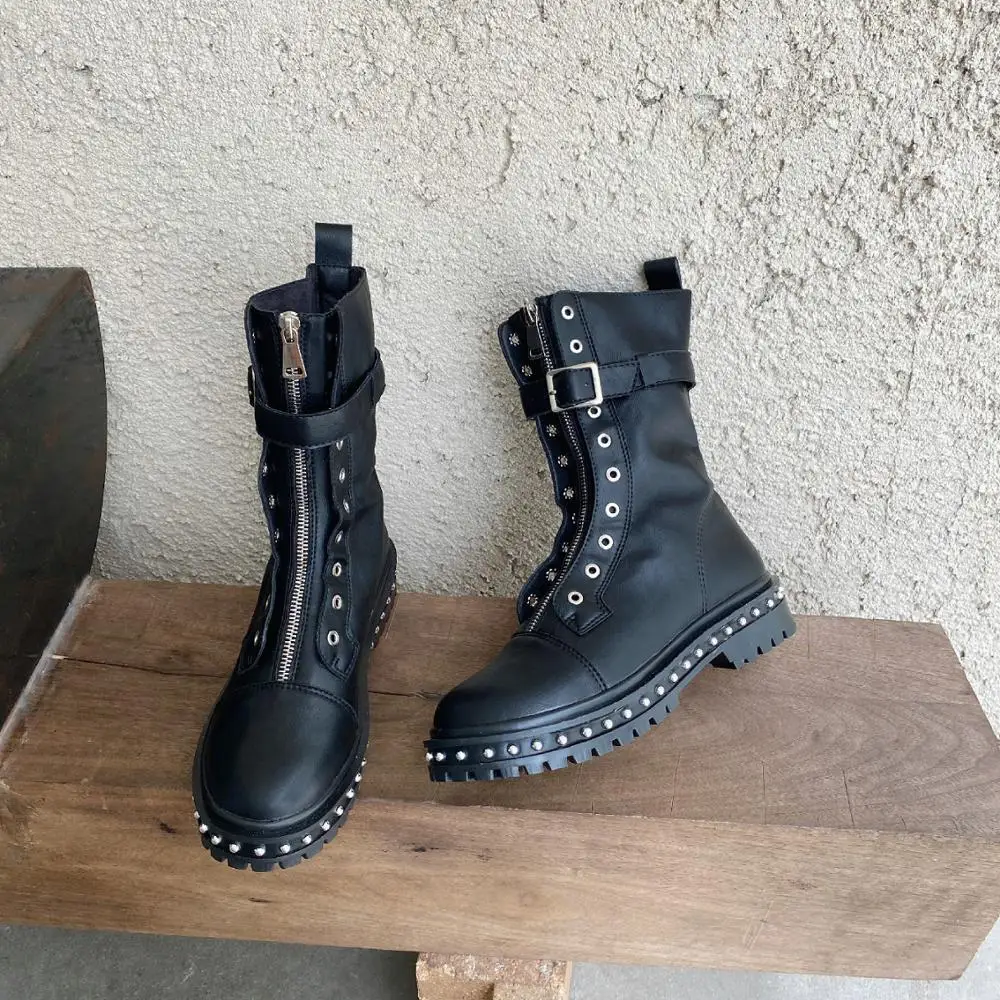 

Shoes Rivets Women's Rubber Boots Booties Woman 2020 Low Heel Zipper Round Toe Luxury Designer Ankle Fashion